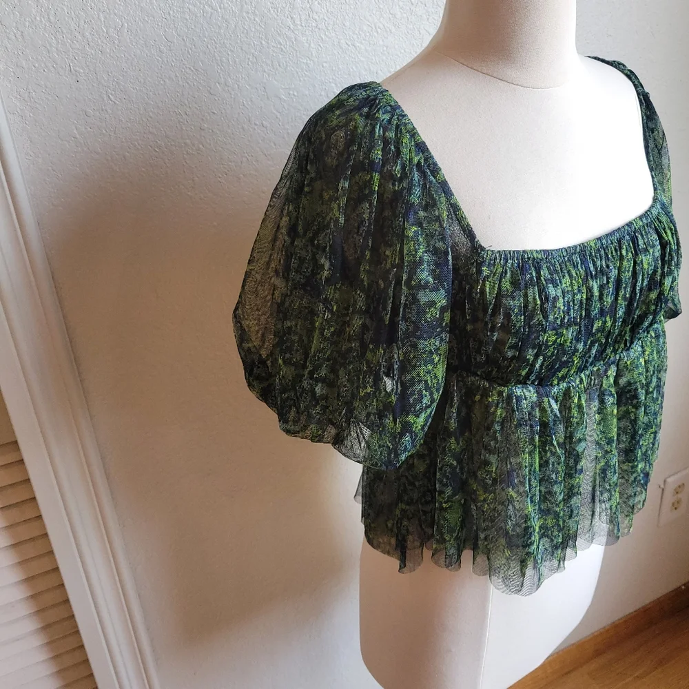 Free People Green Navy Floral Puff Sleeve Peplum Blouse